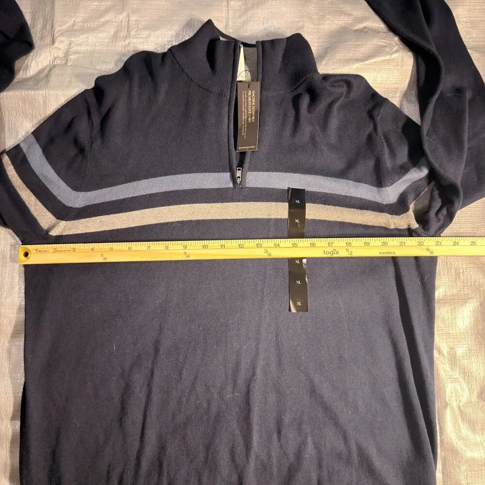 NWT Banana Republic Sweater Mens XL Blue Striped Premium Luxe Yarn 1/4 Zip $70